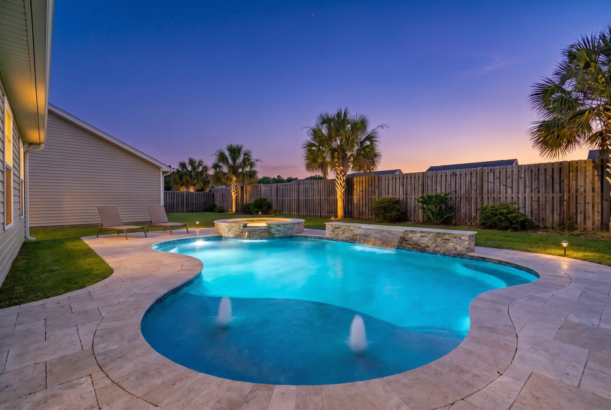 AI-generated concept: backyard pool lit at dusk